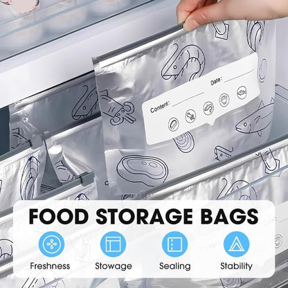 🎁🔥10-Pack Reusable Foil Vacuum Zipper Sealable Storage Bags Labelled Fridge Order Relief