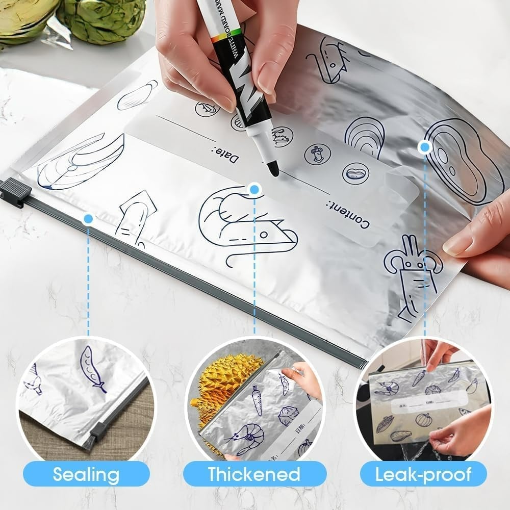 🎁🔥10-Pack Reusable Foil Vacuum Zipper Sealable Storage Bags Labelled Fridge Order Relief
