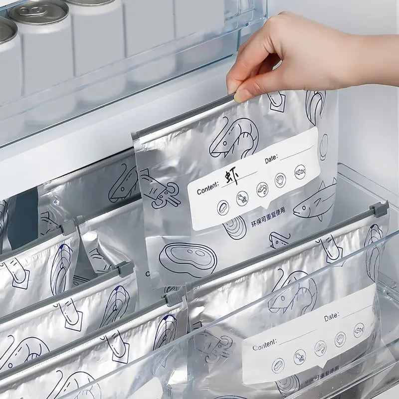 🎁🔥10-Pack Reusable Foil Vacuum Zipper Sealable Storage Bags Labelled Fridge Order Relief