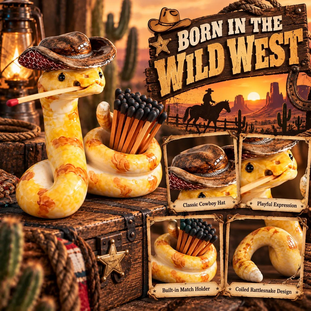 ⏳ Last Day 49% OFF – 🤠 The Cowboy Rattler Match Holder | Funny Western Snake Décor for Cabins, Mantels & Bars 🐍