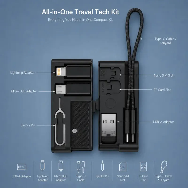 🧳 240W Pocket All-in-One Travel Tech Kit – USB-C Cable, Multi-Adapters, 480Mbps Data Sync, SIM/TF Storage & Phone Stand 🛫✨