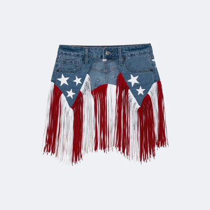 USA 250th Anniversary Patriotic Denim Fringe Belt
