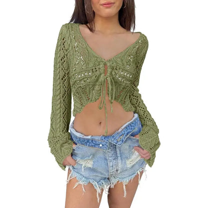 🌼 Hollow Out Drawstring Flare Sleeve Cropped Top-Women Minimalist Knit Sweater🪡