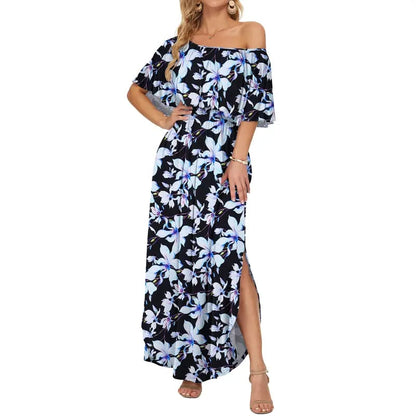 Women's Off The Shoulder Dress Wedding Guest Dress Summer Casual Long Ruffle Party Side Split Beach Maxi Dresses with Pockets