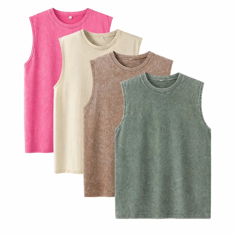 ⚡ Hot Sales  🔥 4-Pack Men's Washed Sleeveless Vest – Heavyweight Cotton, Acid Wash, Oversized Gym & Streetwear