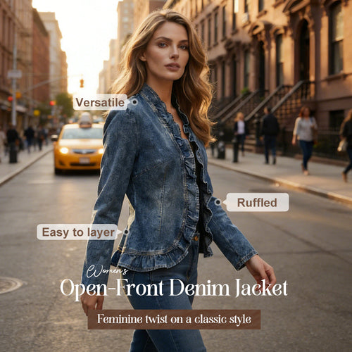 🧥 LIMITED-TIME 49% OFF! ✨ Women's Denim Jacket – Open-Front, Ruffle Trim, Lightweight, Classic Wash ✨