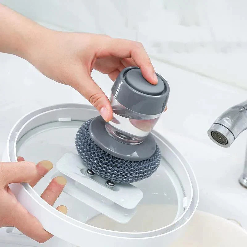 Kitchen Soap Press Dispensing Palm Brush – Built-In Soap Dispenser & Ergonomic Grip 🧼