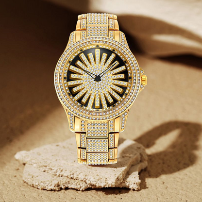 Men's Iced-Out Watch with Rotating Dial – Sparkling Crystals, Precise Quartz & Butterfly Clasp
