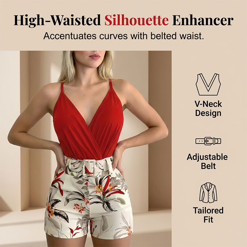 💖40% OFF !! ⏰ V-Neck & High-Waist Shorts Set – Tropical Print, 2-Piece Vacation Outfit🌟