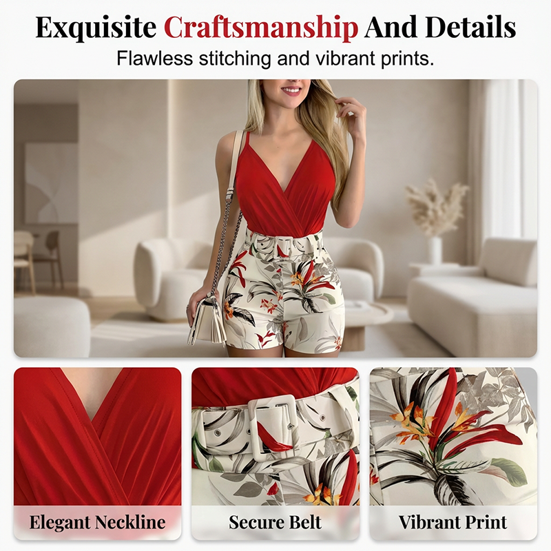 💖40% OFF !! ⏰ V-Neck & High-Waist Shorts Set – Tropical Print, 2-Piece Vacation Outfit🌟