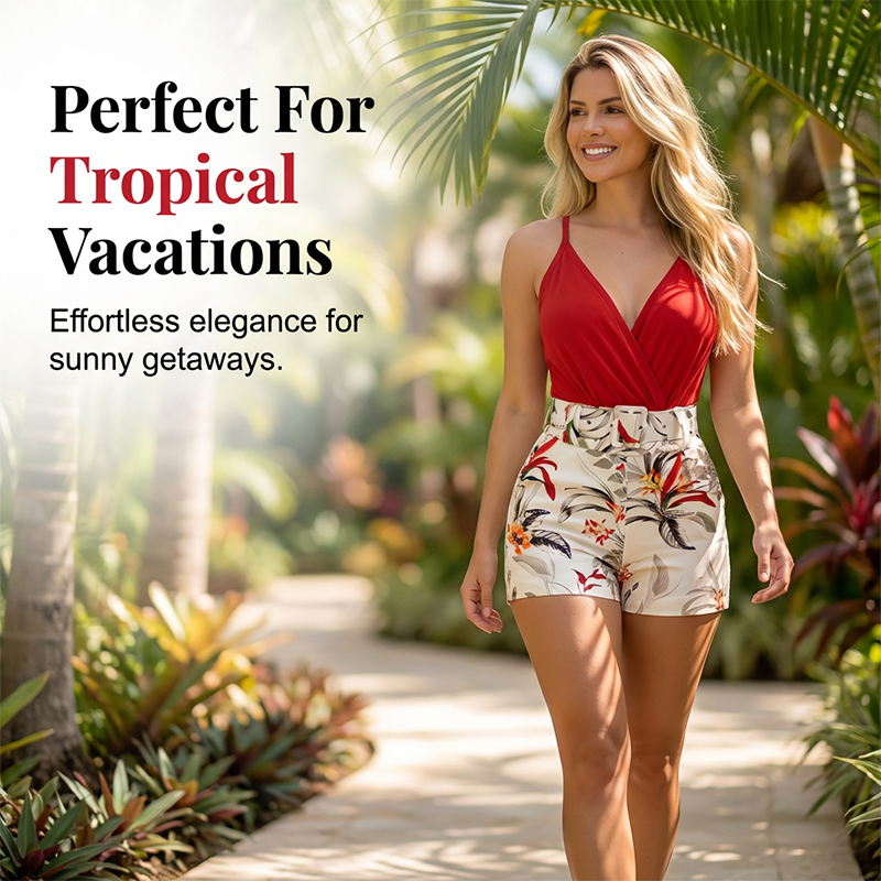 💖40% OFF !! ⏰ V-Neck & High-Waist Shorts Set – Tropical Print, 2-Piece Vacation Outfit🌟