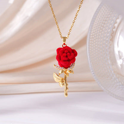 ✨ Elegant Red Rose Pendant Necklace – Velvet Bloom, Crystal Accents, Gold-Tone ✨