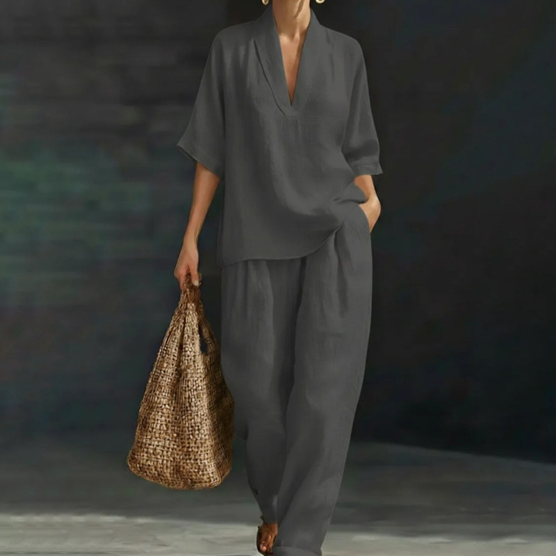 📢📢40% OFF !! ⏰Women's Casual V-Neck Top and Wide-Leg Trousers Set👚👖