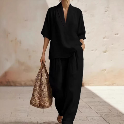 📢📢40% OFF !! ⏰Women's Casual V-Neck Top and Wide-Leg Trousers Set👚👖