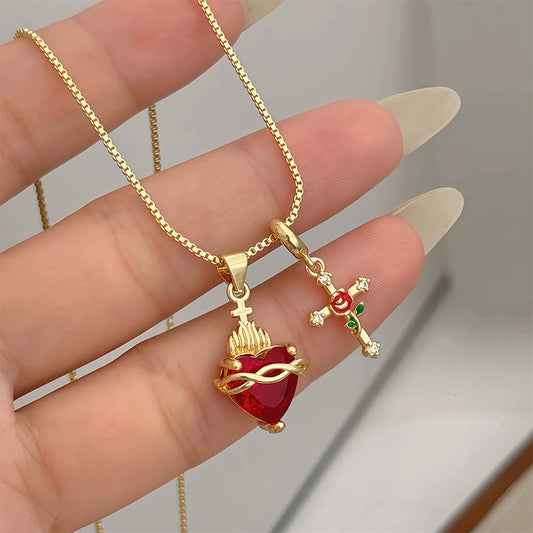 💖Sacred Heart & Rose Cross Pendant Necklace