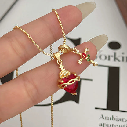 💖Sacred Heart & Rose Cross Pendant Necklace