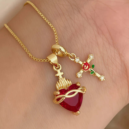 💖Sacred Heart & Rose Cross Pendant Necklace