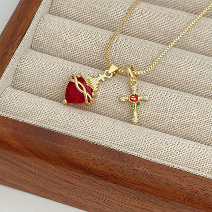 💖Sacred Heart & Rose Cross Pendant Necklace