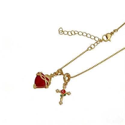 💖Sacred Heart & Rose Cross Pendant Necklace