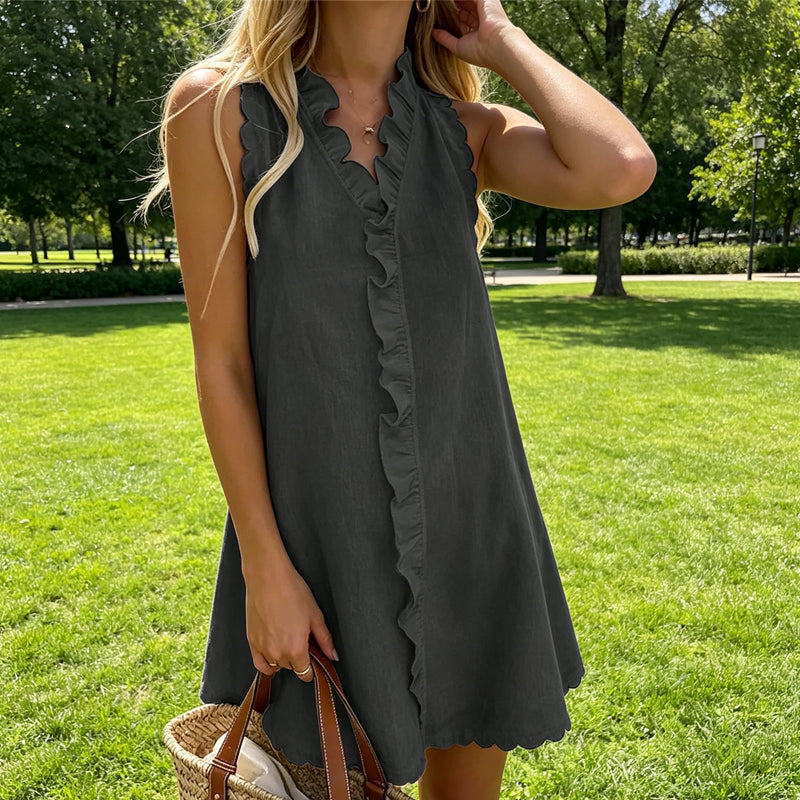 📢📢40% OFF !! ⏰Women's Ruffle Trim Button-Front Mini Dress