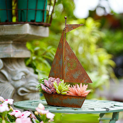 🌱 Rustic Sailboat Metal Planter – Handcrafted, weather-resistant & perfect for succulents, herbs or flowers – charming garden or shelf decor 🏡