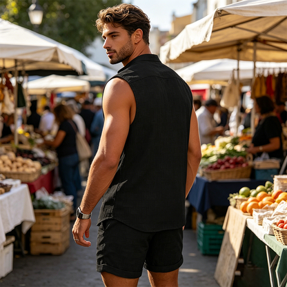 Men's Sleeveless Button-Down Top & Shorts Set