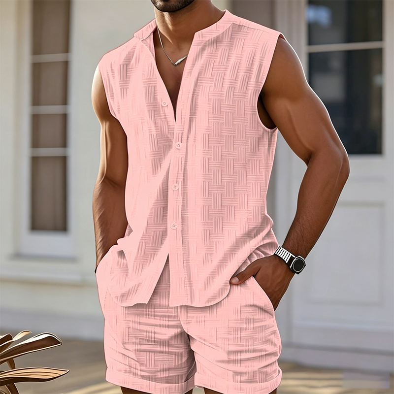 Men's Sleeveless Button-Down Top & Shorts Set