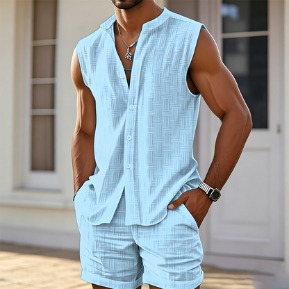 Men's Sleeveless Button-Down Top & Shorts Set