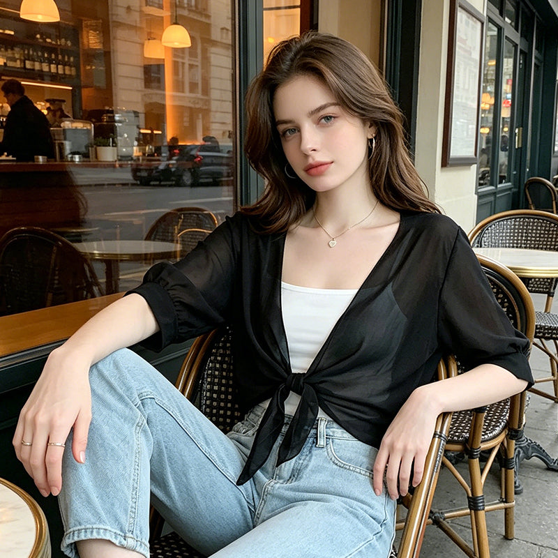 Women's Elegant Chiffon Tie-Front Cropped Top