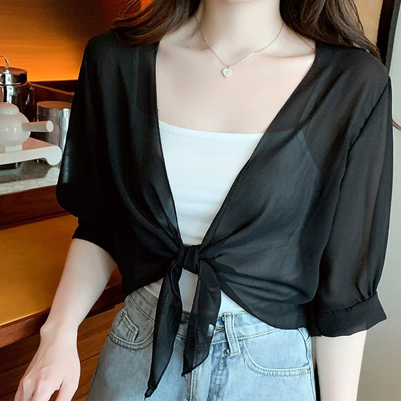 Women's Elegant Chiffon Tie-Front Cropped Top