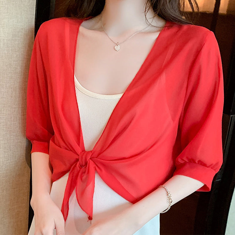 Women's Elegant Chiffon Tie-Front Cropped Top