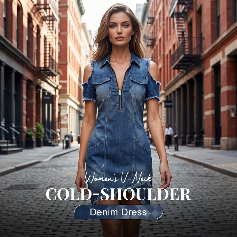 Women's Cold-Shoulder Denim Dress – V-Neck, Flowy, Boho 🌼