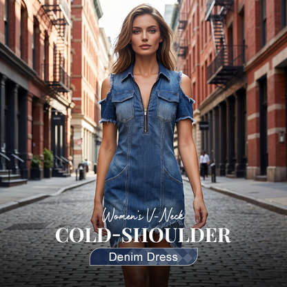 Women's Cold-Shoulder Denim Dress – V-Neck, Flowy, Boho 🌼