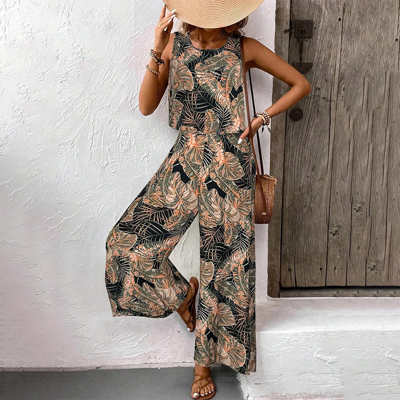 📢📢30% OFF !! ⏰ Women's Printed Sleeveless Top & Wide-Leg Pants Set – Flowy & breathable – Perfect for summer, beach or resort wear – effortless chic 🌸