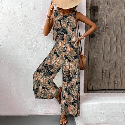 📢📢30% OFF !! ⏰ Women's Printed Sleeveless Top & Wide-Leg Pants Set – Flowy & breathable – Perfect for summer, beach or resort wear – effortless chic 🌸