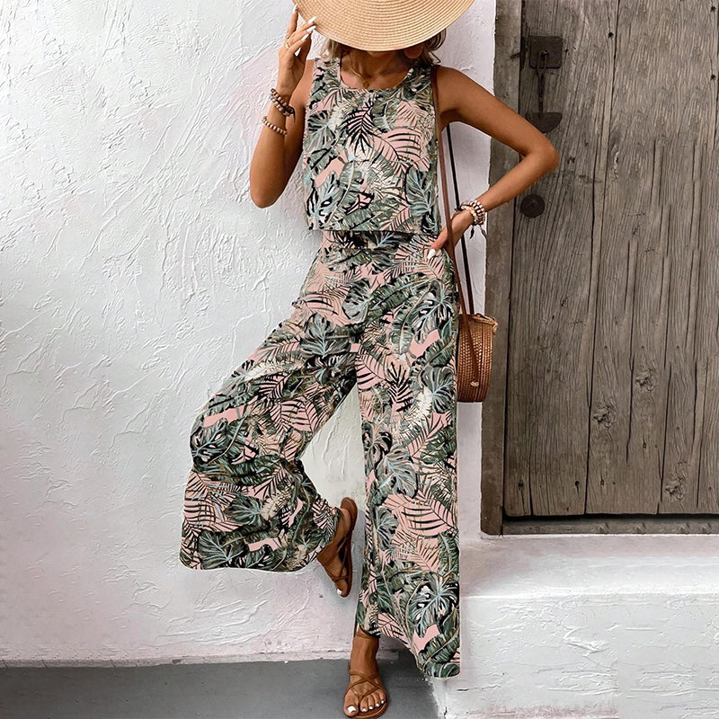 📢📢30% OFF !! ⏰ Women's Printed Sleeveless Top & Wide-Leg Pants Set – Flowy & breathable – Perfect for summer, beach or resort wear – effortless chic 🌸