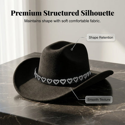👒 Women's Rhinestone Heart Cowboy Hat Elegant French Jazz Fedora❤️