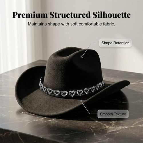 👒 Women's Rhinestone Heart Cowboy Hat Elegant French Jazz Fedora❤️