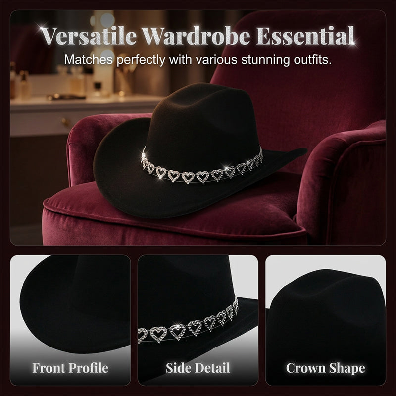 👒 Women's Rhinestone Heart Cowboy Hat Elegant French Jazz Fedora❤️