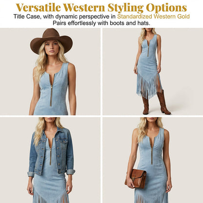 🤠 Retro Western Tassel Sleeveless Slim Dress – Fringe Hem, Front Zipper, Cowgirl Style 🌵