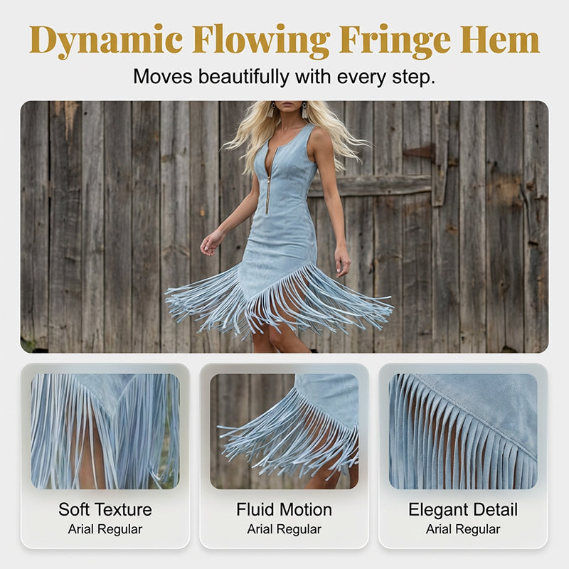 🤠 Retro Western Tassel Sleeveless Slim Dress – Fringe Hem, Front Zipper, Cowgirl Style 🌵