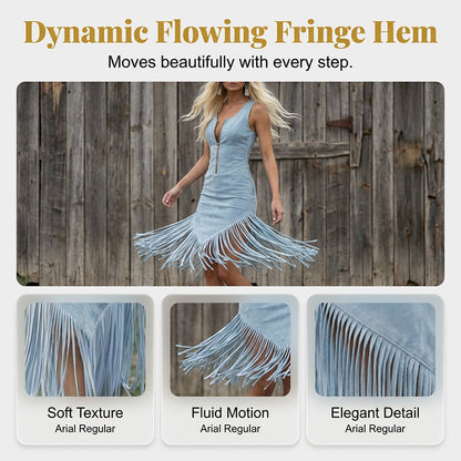 🤠 Retro Western Tassel Sleeveless Slim Dress – Fringe Hem, Front Zipper, Cowgirl Style 🌵