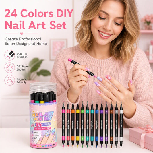 📢📢48% OFF !!⏰️ Dual‑Tip Nail Art Marker Set, 24 Colors DIY Nail Painting Pens for Nail Art Decor