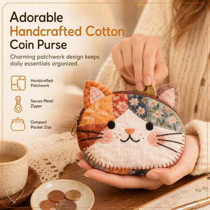 🐱Cute Patchwork Cat Coin Purse, Handmade Fabric Kitten Mini Pouch, Portable Card Holder for Girls