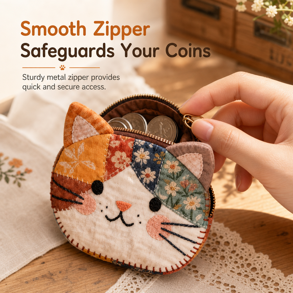 🐱Cute Patchwork Cat Coin Purse, Handmade Fabric Kitten Mini Pouch, Portable Card Holder for Girls