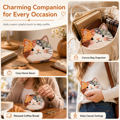 🐱Cute Patchwork Cat Coin Purse, Handmade Fabric Kitten Mini Pouch, Portable Card Holder for Girls