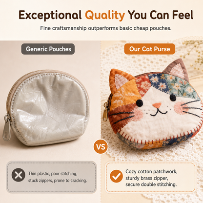🐱Cute Patchwork Cat Coin Purse, Handmade Fabric Kitten Mini Pouch, Portable Card Holder for Girls
