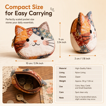 🐱Cute Patchwork Cat Coin Purse, Handmade Fabric Kitten Mini Pouch, Portable Card Holder for Girls