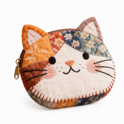 🐱Cute Patchwork Cat Coin Purse, Handmade Fabric Kitten Mini Pouch, Portable Card Holder for Girls
